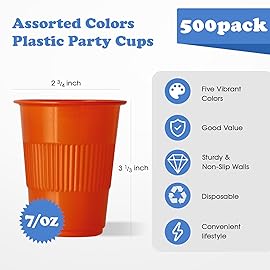 Lilymicky 500 Pack 7 oz Plastic Cups, Disposable Party Drinking Cups in Assorted Colors, 5 Colors, Perfect for Picnics, Celebrations and Christmas Day