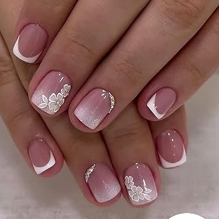 24 Pcs Pink Gradient Press on Nails Short Square Nails Rhinestone Fake Nails with Flower Art Design False Nails Glitter Acrylic Nail Glossy Full Cover Glue on Nail French Press ons Nail for Women