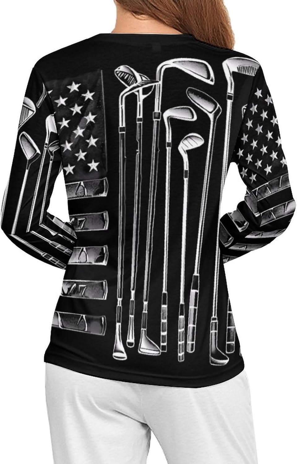 Golf Clubs U.S. Flag Women's Pajama Top Sleepwear Pajamas Sleep T-Shirt Long Sleeve Shirt Crewneck Tee