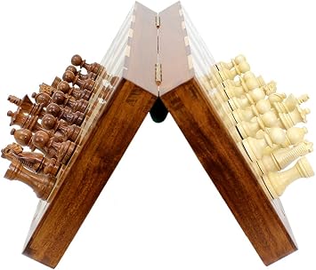 House of Chess - 12 Inches Wooden Magnetic Folding Travel Chess Set/Board - 2 Extra Knights, 2 Extra Pawns, 2 Extra Queens & Algebraic Notation - Handmade - Golden Rosewood