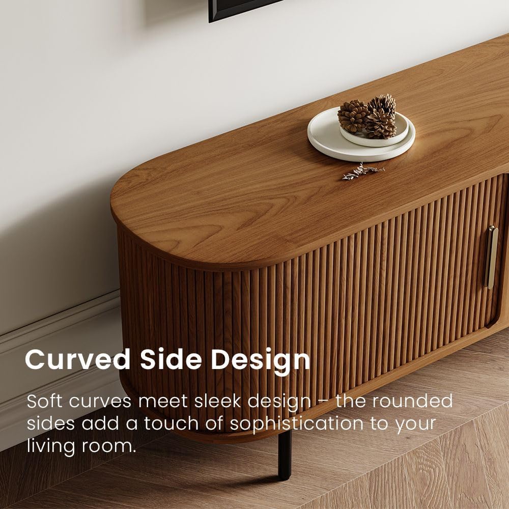 POVISON Fully-Assembled Sliding Tambour Door TV Stand with LED Lights, Mid Century Modern TV Console, Wood Media Console, Entertainment Center with Storage Cabinet