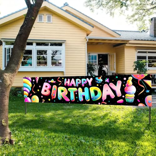 Image of Colorful Happy Birthday Banner 78.7 x 17.7 Inch Rainbow Letters with Party Balloons and Confetti Design Celebration Decoration for Kids Adults Home Yard Garden or Indoor Wall Display