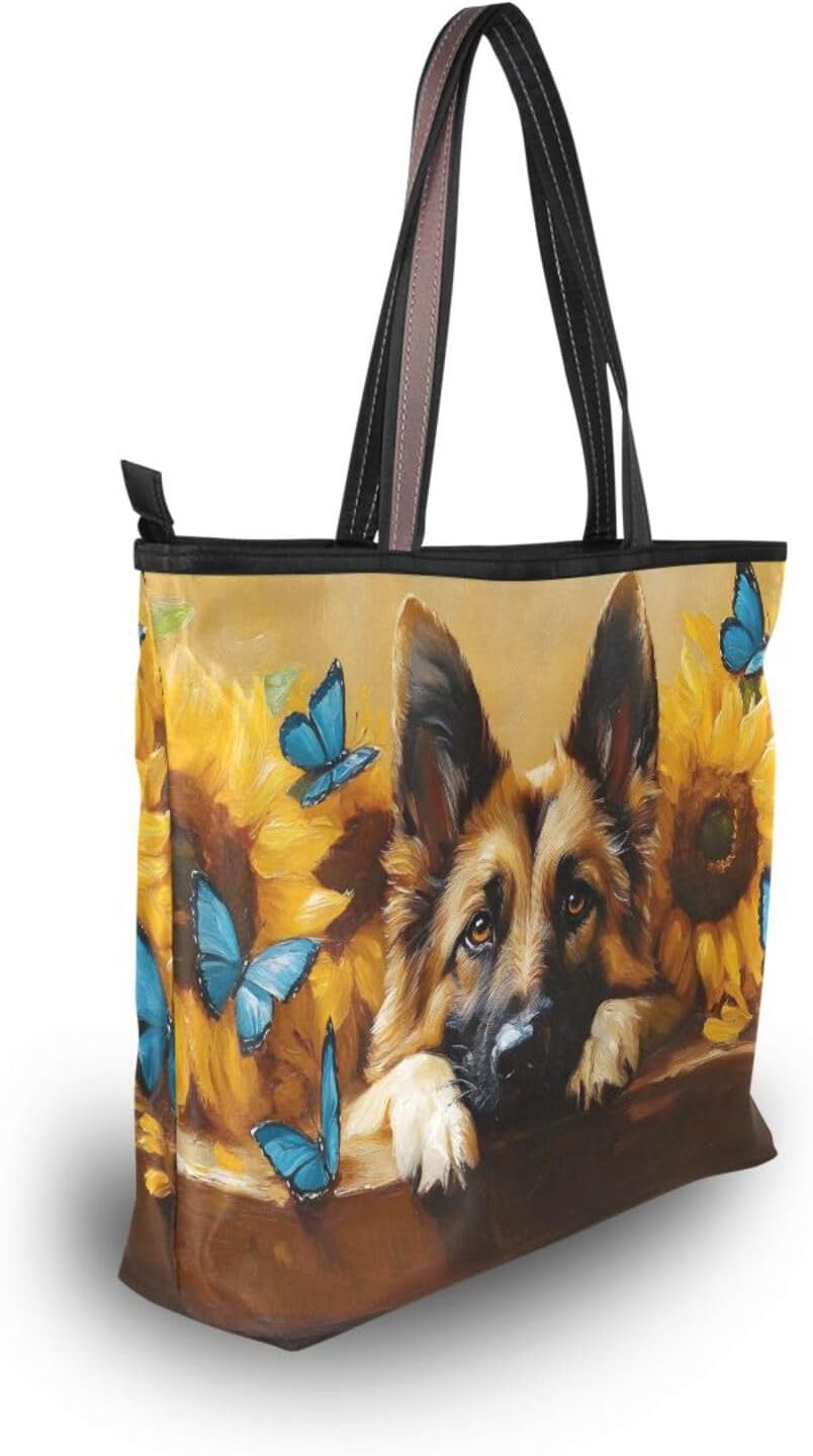 German Shepherd Dog Cute Tote Bag for Women Durable Designer Handbag with Zipper for Daily Use L