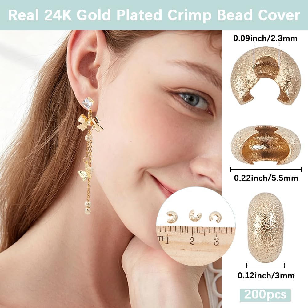 Beebeecraft 200Pcs Crimp Beads Covers 5.5mm 24K Gold Plated Brass Frosted