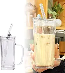 Copo Com Canudo Tampa Alça Suco Vedação Silicone Vidro Canelado Frizado 250ml Grafiato Reutilizáveis Café Gelado Ideal Cerveja Uísque Presente