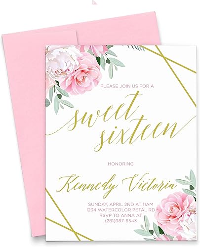 Florals Pink and Gold Sweet 16 Invitations with Envelopes, Personalized Sweet 16 Invites,16th Birthday Invitations for Girls, Your choice of