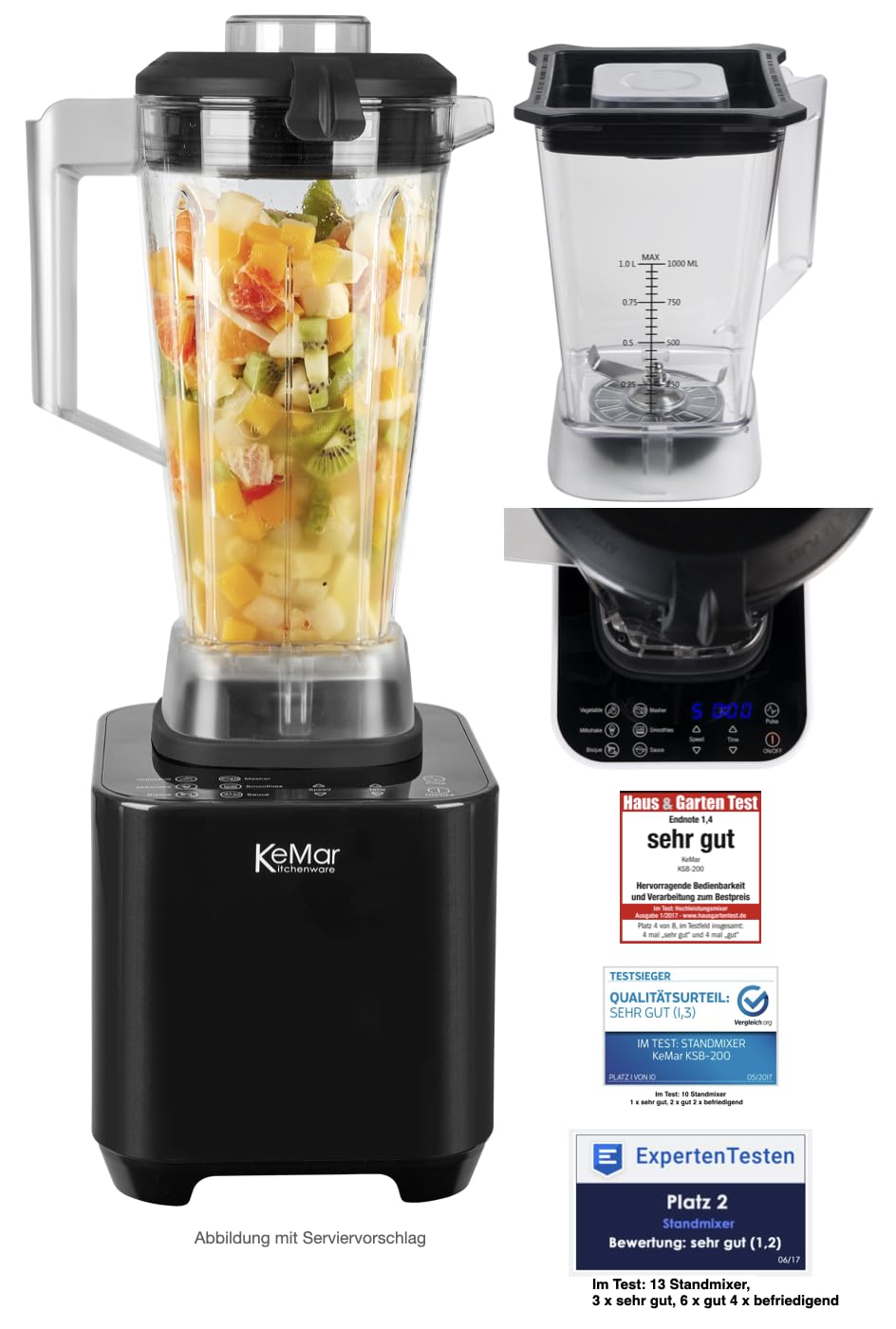 Hochleistungstandmixer (1.500W, 30.000 U/min 6 Programme, Touch Bedienung, inkl. 1L und 2L Behälter (Schwarz)