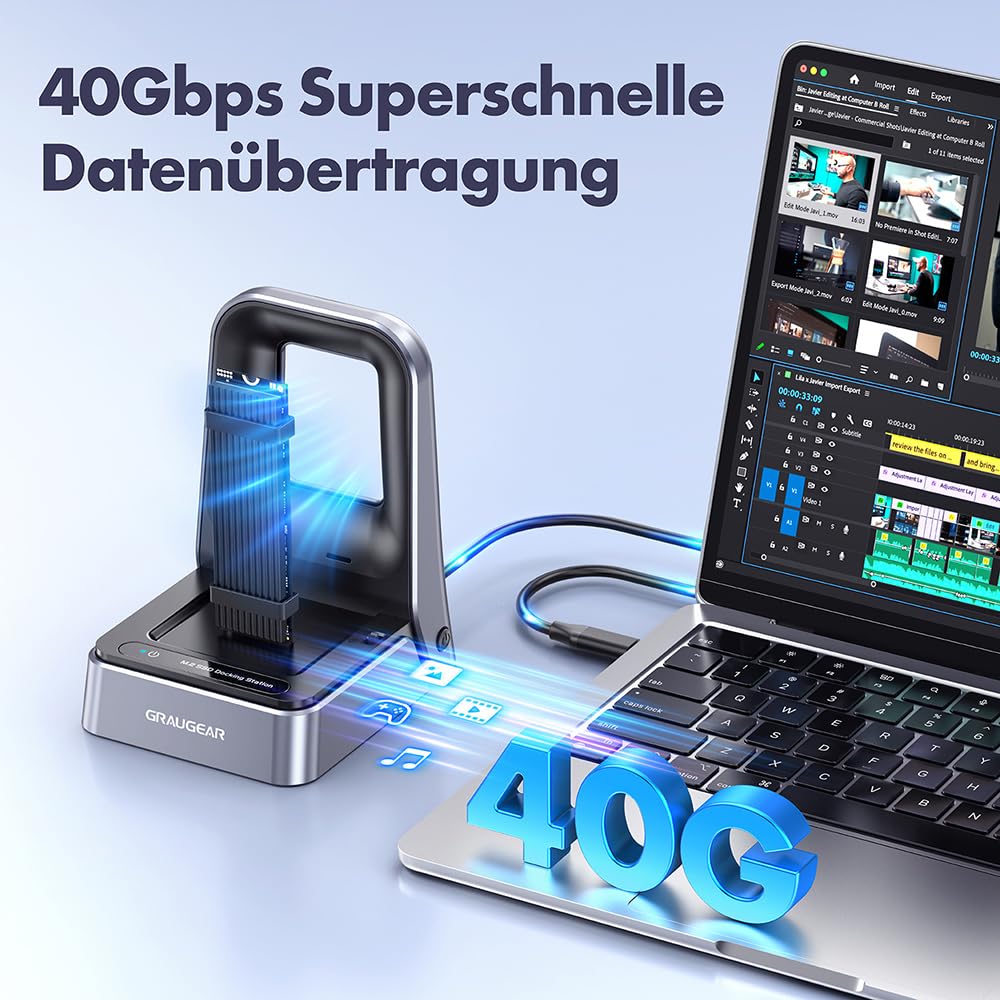 GRAUGEAR Stacja dokująca SSD 40 Gbit/s M2, USB4 NVME 40 Gbps, kompatybilna z Thunderbolt 4 do 3800 MB/s, do M.2 2230/2242/2260/2280/22110, chłodzenie, bez użycia narzędzi