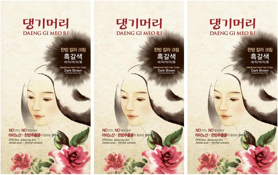 Daeng Gi Meo Ri – Korean Herbal Hair Dye Color Cream [Dark Brown] (3 PACK) - PPD-Free Gray Coverage, Hair Protection, High-Keratin Formula, 5 Oz