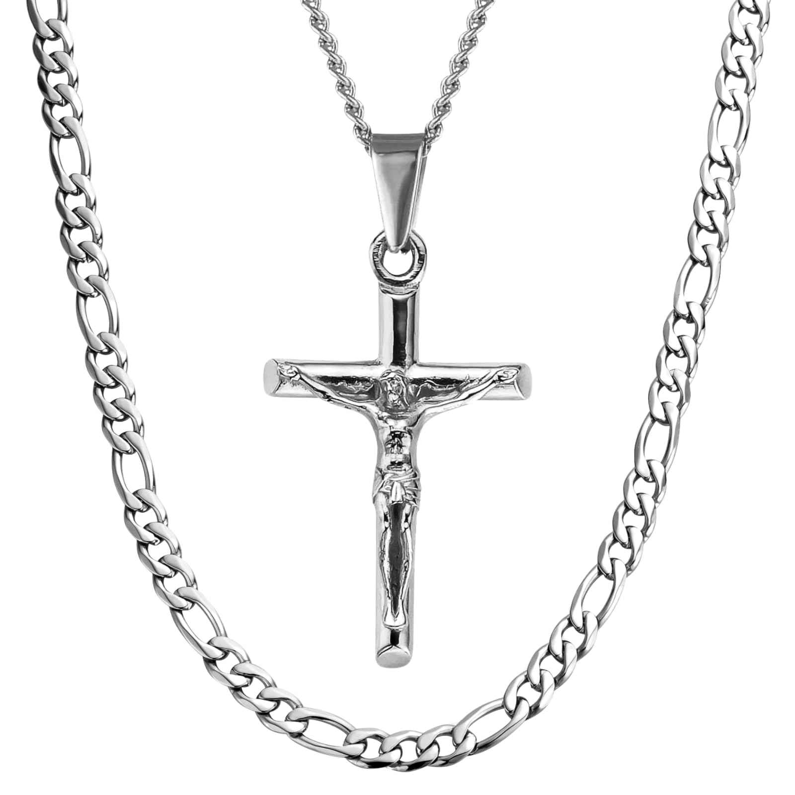 DVRK® Pack 2 Collares Plata Hombre con Base Acero Inoxidable 316L Resistentes al Agua - Cadena Plata Hombre Figaro mas Colgante Crucifijo - Cross, Crucifix, Regalos