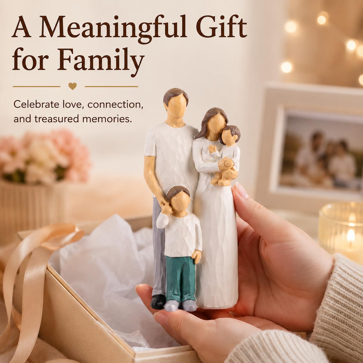 XMGZQ Famiglia di 4 statuette di padre, madre, figlia, figlio, regalo sentimentale per famiglia, mamma e bambino, statua dipinta a mano, per compleanno della moglie del marito (bianco)
