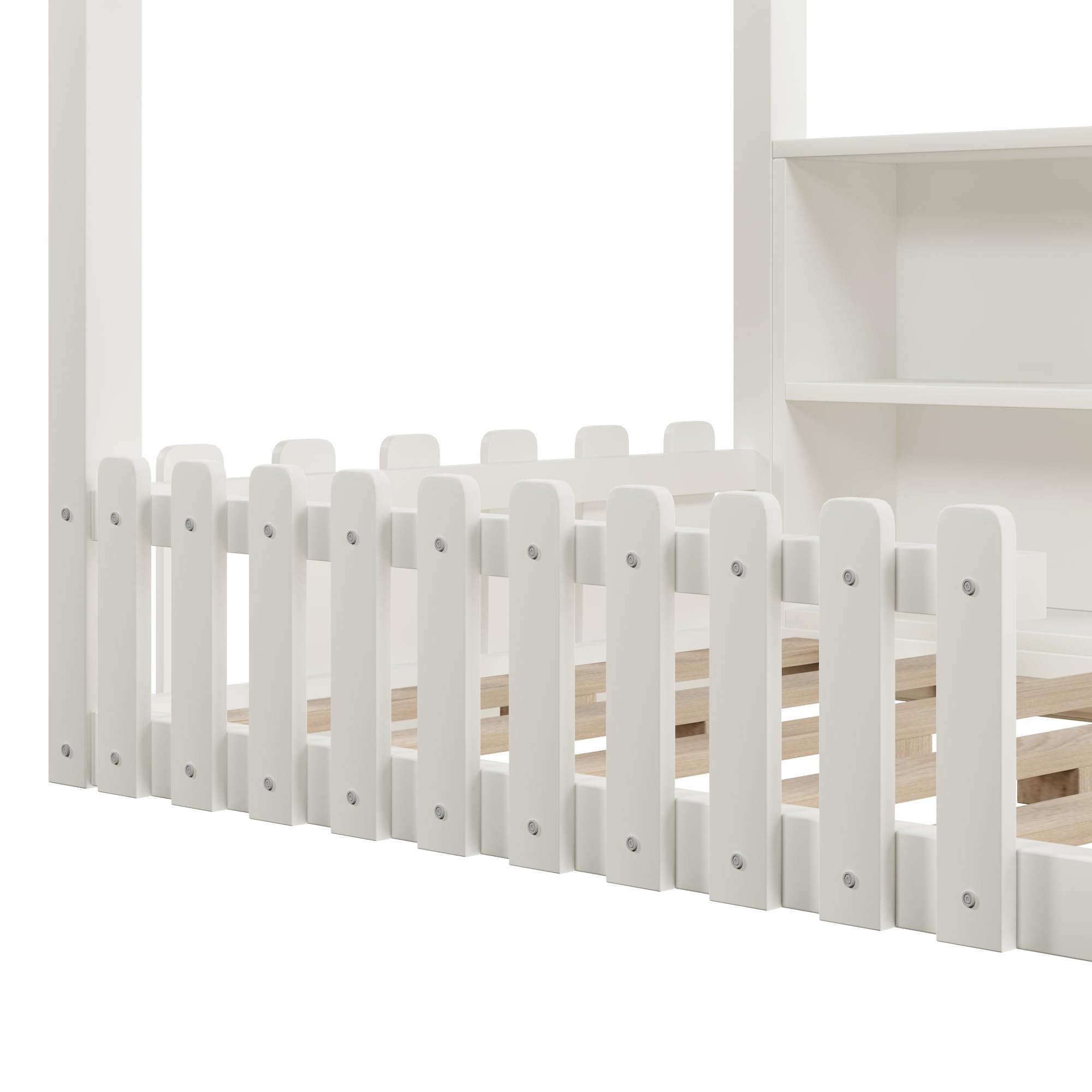 Lit cabane Enfants 90x190 cm avec LED,lit Enfant avec Barriere,lit Enfant cabane lit au Sol Enfant,Compartiments de Rangement Ouverts, Design Maison,Bande de Maison,Bois de pin,Blanc