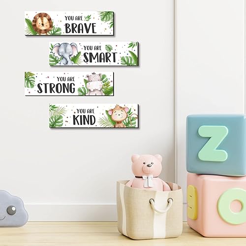 Miniatura 5 de 4 piezas de decoración de pared de animales de la selva, arte de pared motivacional, animales de la selva, placas colgantes de madera, decoración de