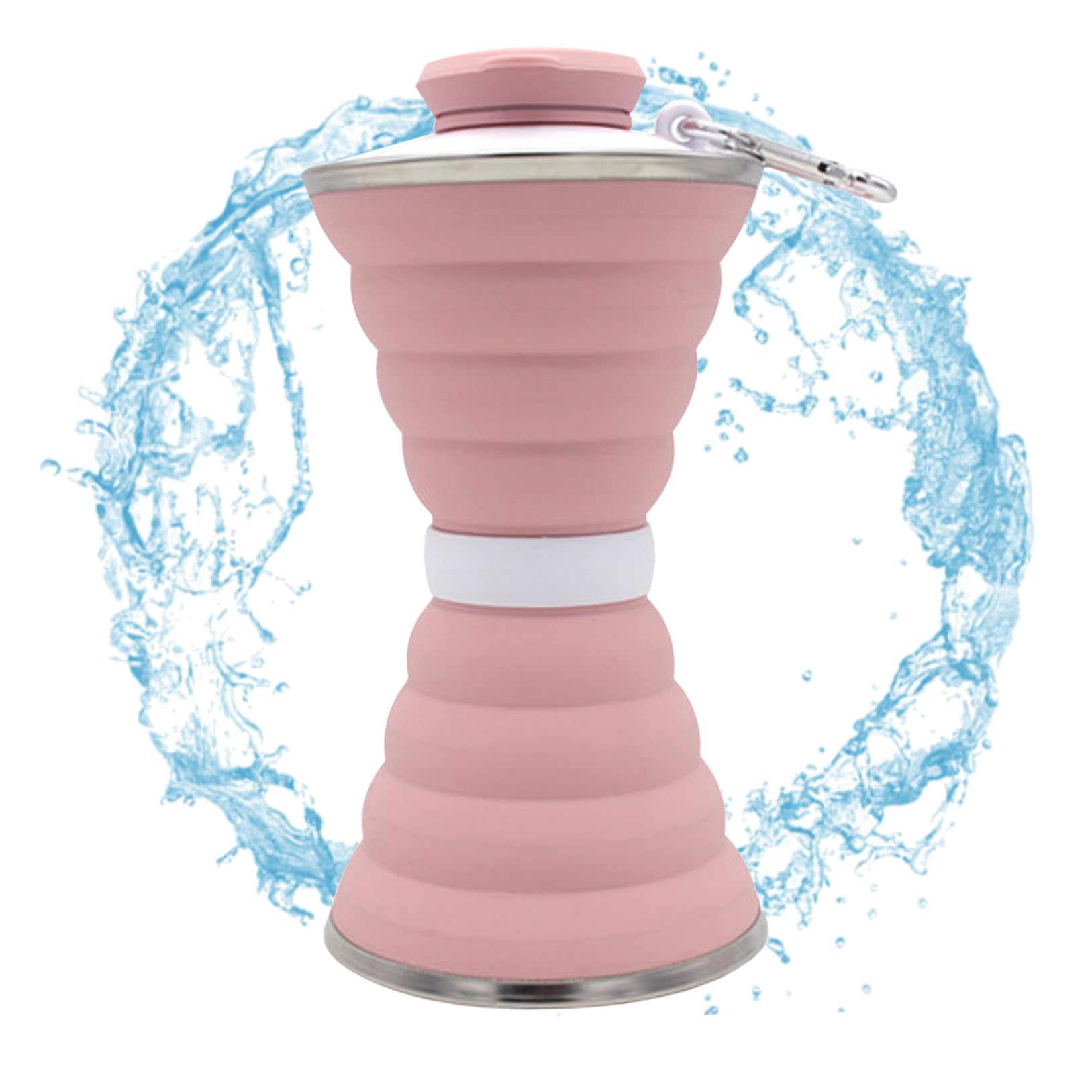 tazza pieghevole, 500 ml - Borraccia da viaggio pieghevole in silicone con moschettone, design anti-perdita for attività all'aperto e campeggio(Pink)