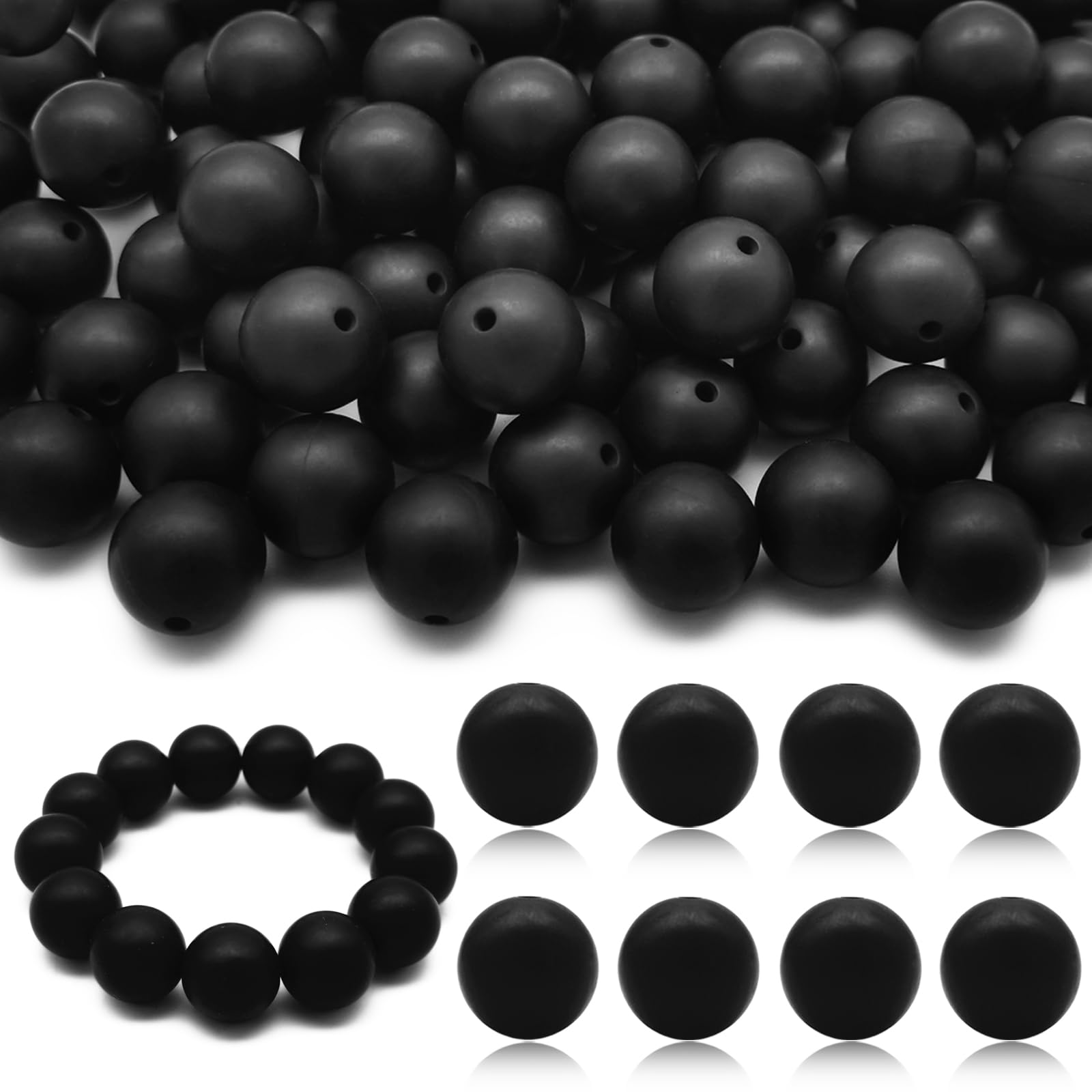 DIYOMR 100Pcs Silicone Beads - 15mm Round Beads for Necklace, Bracelet, Pens & Keychain Making (Black)