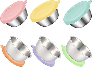 Salad Dressing Containers for Lunch Box, 6x1.6 oz Reusable Small Condiment Containers with Lids, Sauce Cups by Stainless Steel and Premium Silicone, Leakproof, Easy to Open and Clean