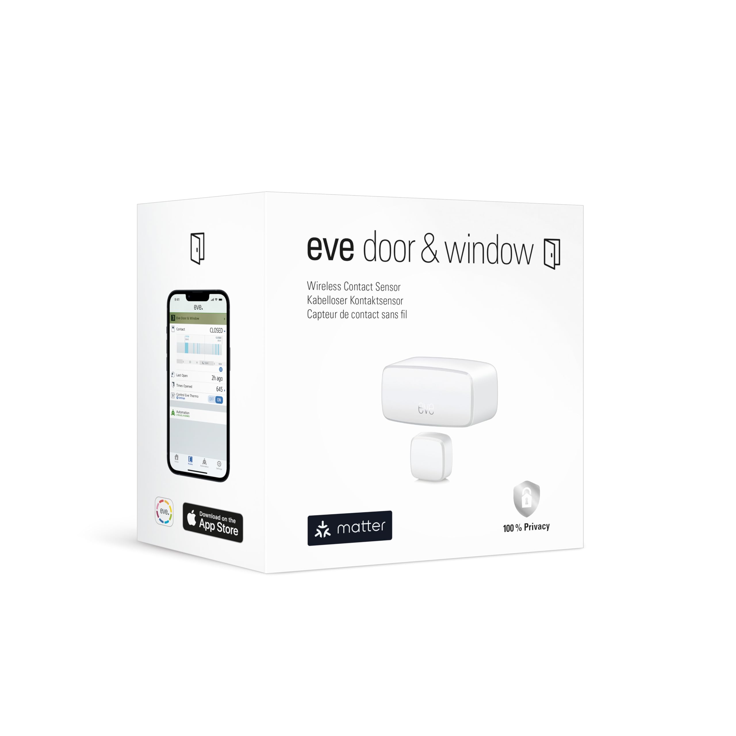 Eve Door & Window (Matter), Smarter Kontaktsensor für Türen & Fenster, Sicherheit, aktiviert Geräte, kompatibel mit Alexa, Apple Home, Google Home, SmartThings, benötigt Thread Border Router