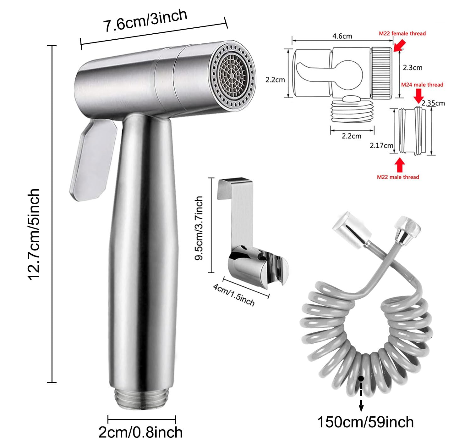 Pulverizador de bidé de mano, 2 Modos Rociador de bidé de acero inoxidable con desviador de ducha de 2 vías, flexo de ducha de 150 cm y soporte de ducha