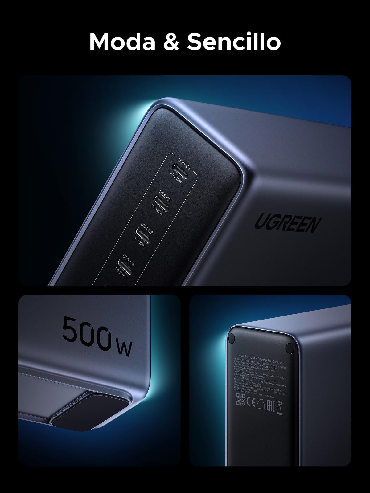UGREEN Nexode 500W Cargador USB C con 6 Puertos Estación de Carga GAN | PD 3.1 PPS 45W Compatible con iPhone 17 Pro MAX Air 16 15 14 13 Galaxy S26 25 24 Pixel 10 Pro iPad MacBook M5 M4