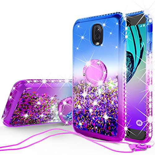 Cover Compatible for Samsung Galaxy J3 Prime 2 2018/Galaxy Express Prime 3/Amp Prime 3/Galaxy J3 Achieve/J3 Star/J3 Orbit Quicksand Case with Diamond Metal Ring for Magnetic Car Mount - Purple Blue
