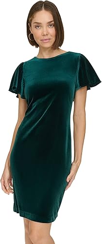 Tommy Hilfiger Women's Short Flutter Sleeve Jewel Neck Mini Sheath Dress, Hunter