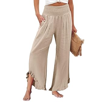 Womens Linen Pants Smocked High Waisted Ruffle Hem Palazzo