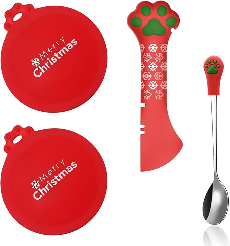 Kit para Latas de Alimento para Gatos SJANE com Tampas, Abridor e Colher Inox Christmas Red – 4 Peças