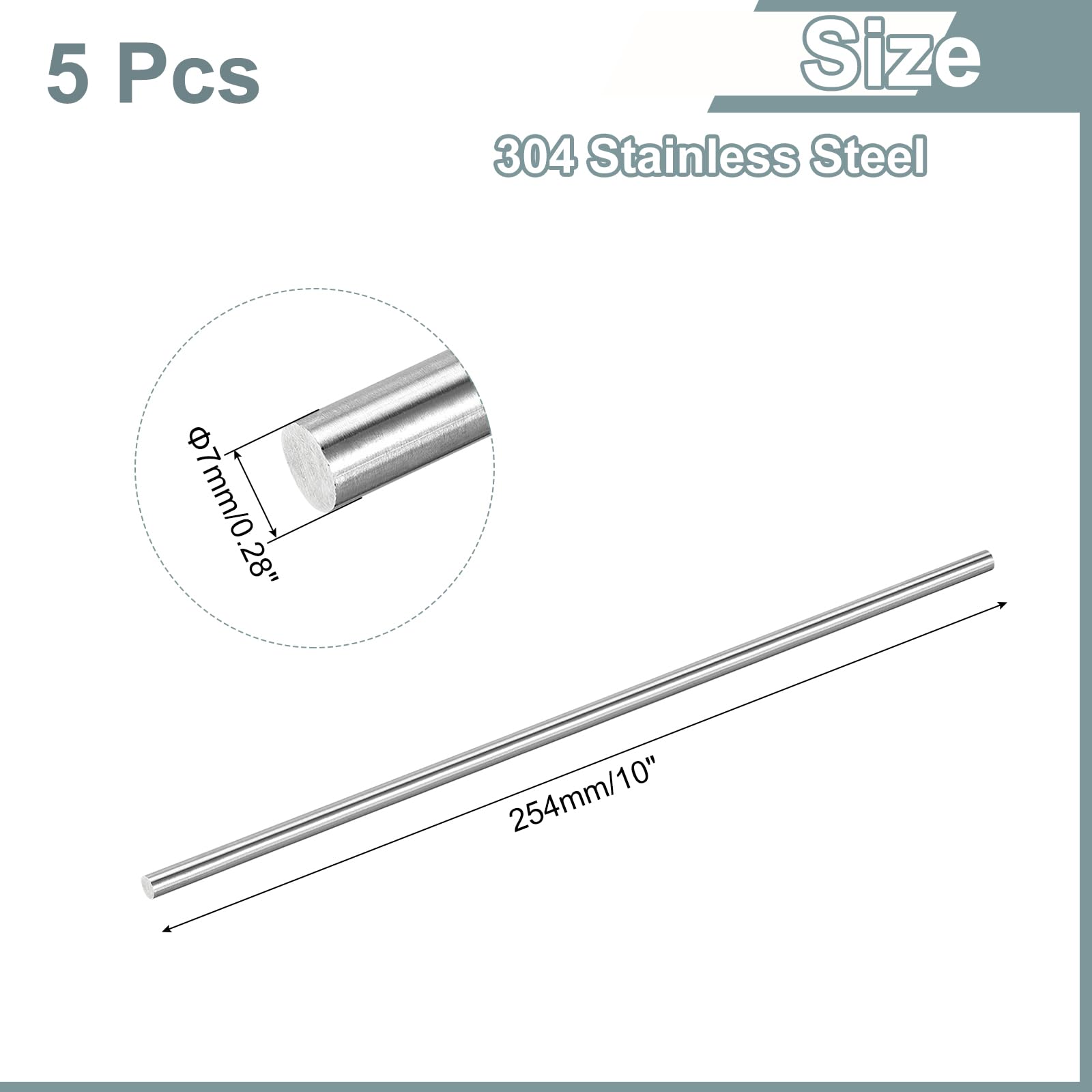 QUARKZMAN 5 Pezzi Barre In Acciaio Inox 304 7mm x 254mm Barra Rotonda Solida