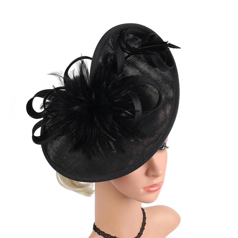 Tocado para Mujer, Tocado para Fiesta de té, Tocado de Plumas y Flores, Tocado de Boda (Azul Marino, Talla única)