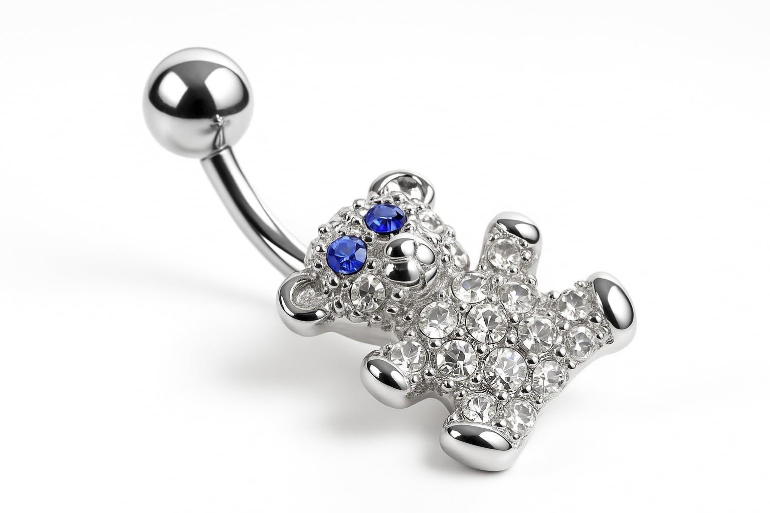 Piercing para el ombligo, plata de ley 925 y circonita, cristal quirúrgico 316L, acero inoxidable tipo bananabell, piercing para el ombligo, 1,6 x 10 mm, oso de peluche azul