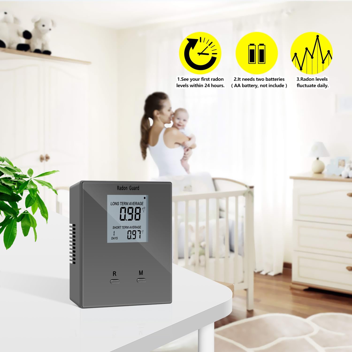 Home Radon Detector, Portable Radon Meter, Long and Short Term Home Radon Monitor, Battery-Powered, Prevent Excessive Radon Levels, Keep Your Health, Gray, Grey, BG-005