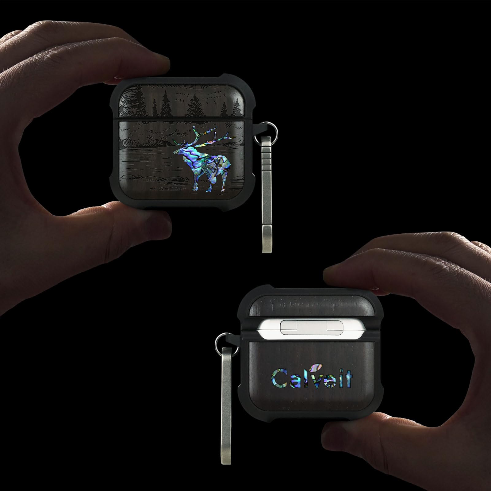 Carveit Odporne na uderzenia etui ochronne na słuchawki AirPods 4 generacji, etui Case (2024), drewniany grawerunek i muszla, kompatybilne z AirPods 4, tytanowe szybkie zapięcie (jeleń leśny), ciemne