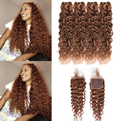 XCCOCO 30# Brown Water Wave Pre Colored Human Hair 4 Bundles with Closure Wet and Wavy Light Auburn Peruvian Virgin Curly Hair Bundles with Lace Closure(16 18 20 22+14inch Closure)