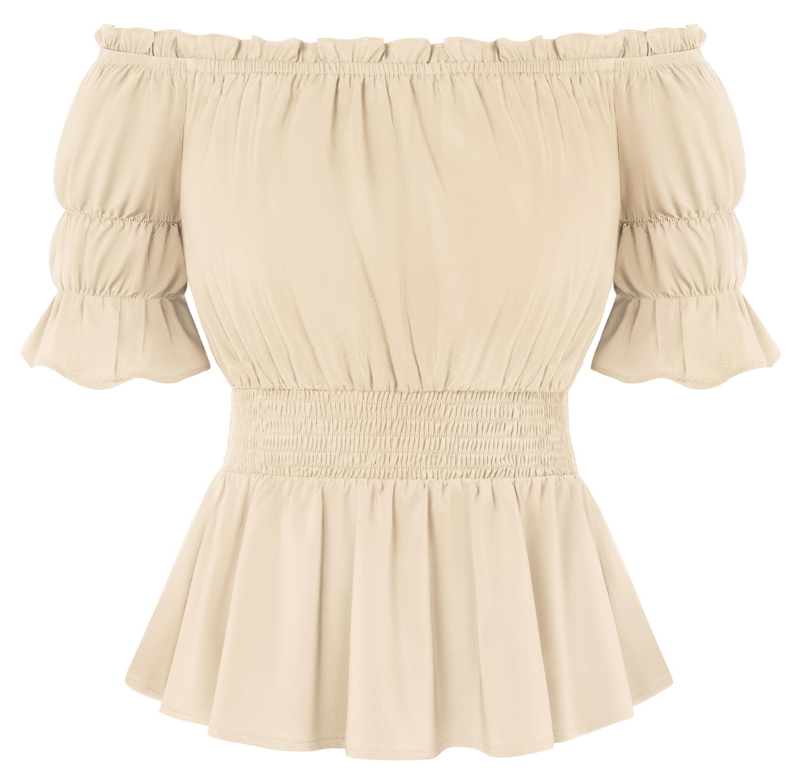 SCARLET DARKNESS Women's Medieval Off-Shoulder Elastic Waist Top with Ruffled Neckline, Sleeves and Hem Beige XL