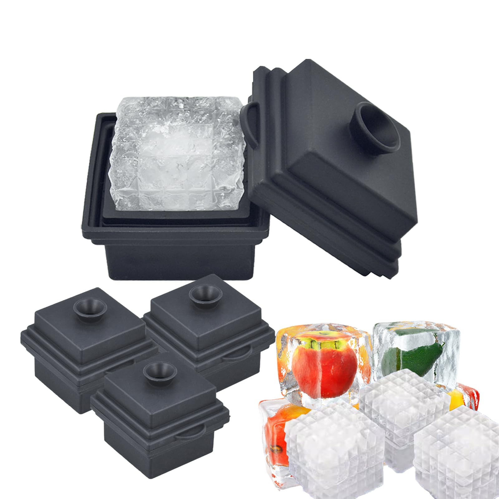 Silicone Ice Cube Trays with Funnel Lid, Large Ice Cube Mould, Ice Tray Easy Release, 5.3cm Slow Melting Big Ice Cubes Perfect for Whiskey, Cocktail and Any DIY Drink (4)