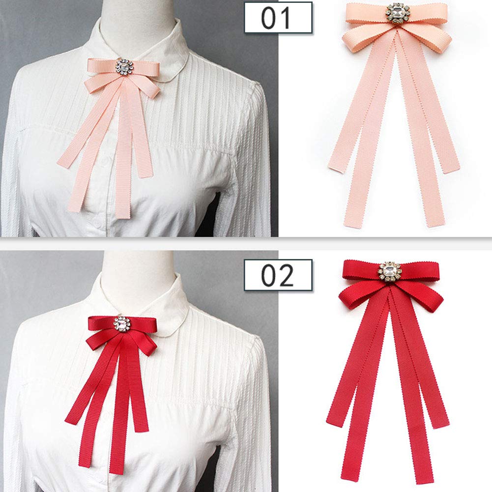 FASELE JKQBUX Women Bow corsage with Brooch Vintage Crystal Pre Tied Long Bow Tie Ribbon Neck Tie for Party Accessories