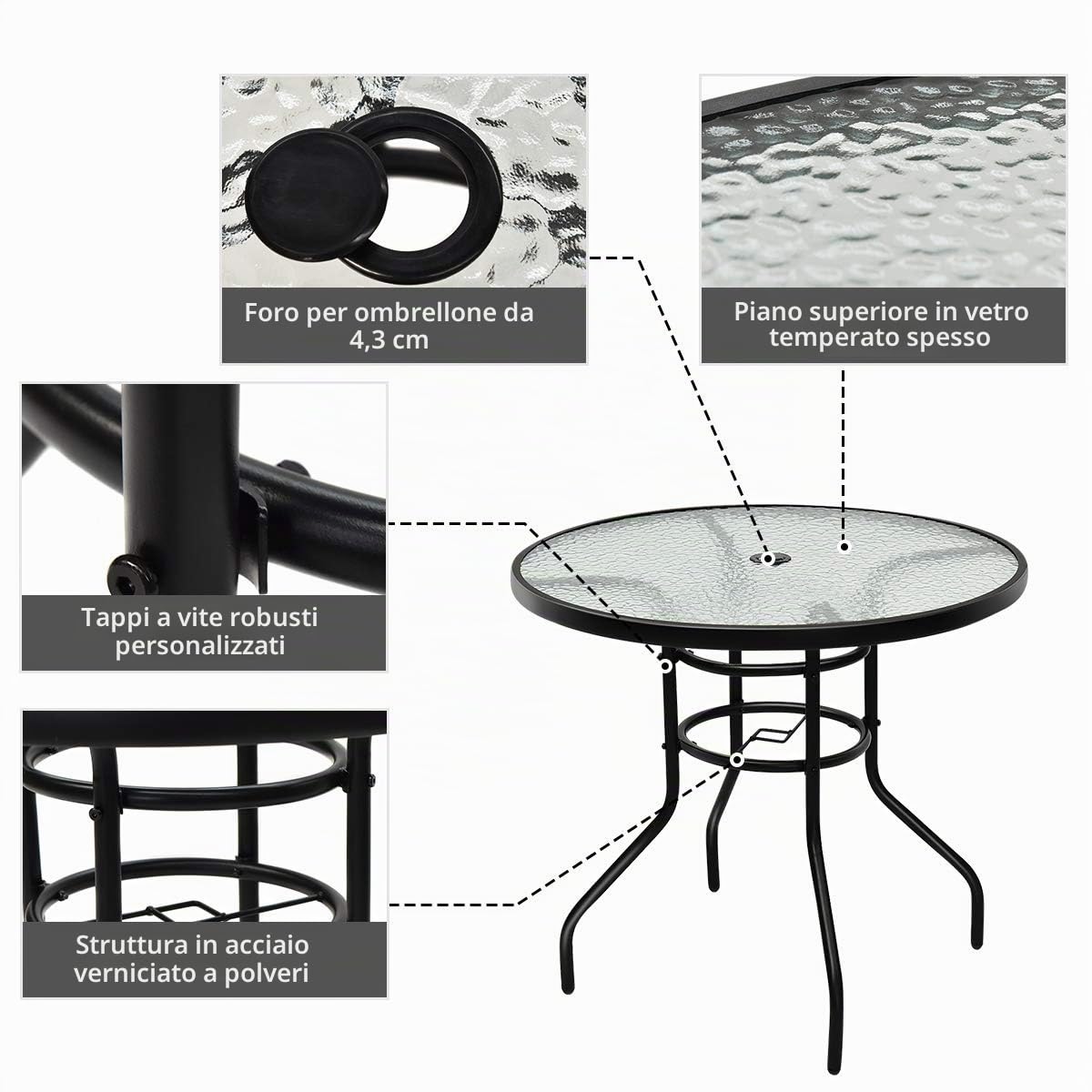 KOMFOTTEU Tavolo da giardino rotondo φ80 cm, tavolo da bistrot in metallo e vetro, tavolo da balcone con foro per portaombrelli, tavolino da caffè in vetro, resistente alle intemperie, per interni ed
