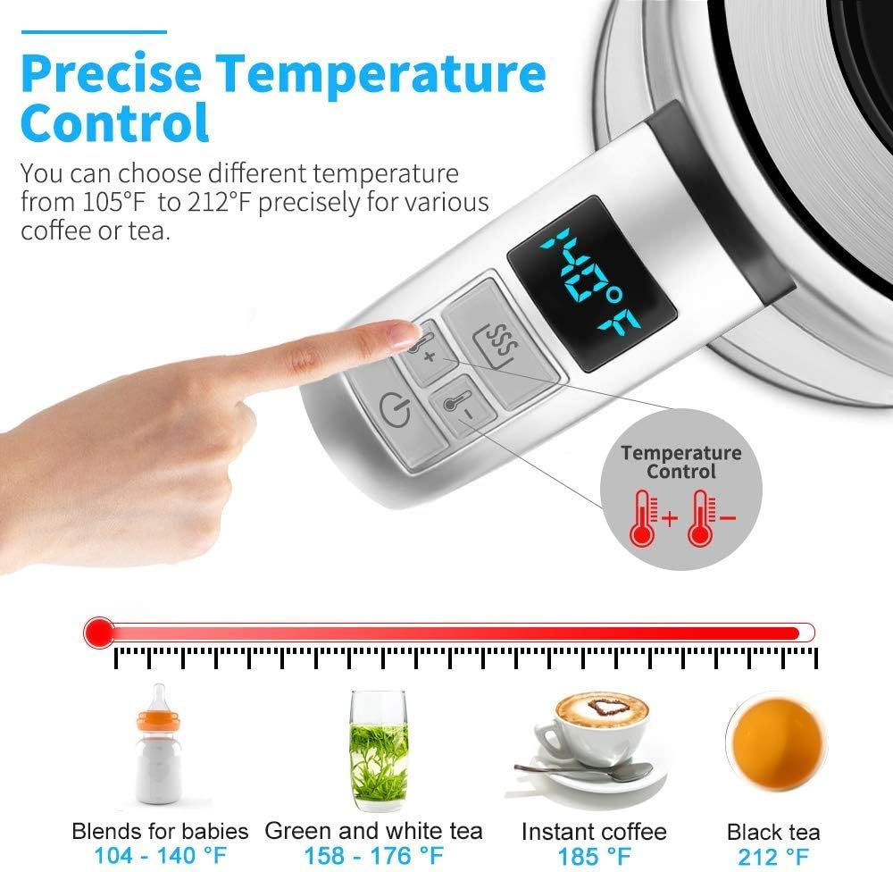 Vestaware Electric Kettle Glass Temperature Control, 1.7L Tea Kettle Cordless with LED Blue Light, Water Kettle Electric with Auto Shut-Off, Keep-Warm Function