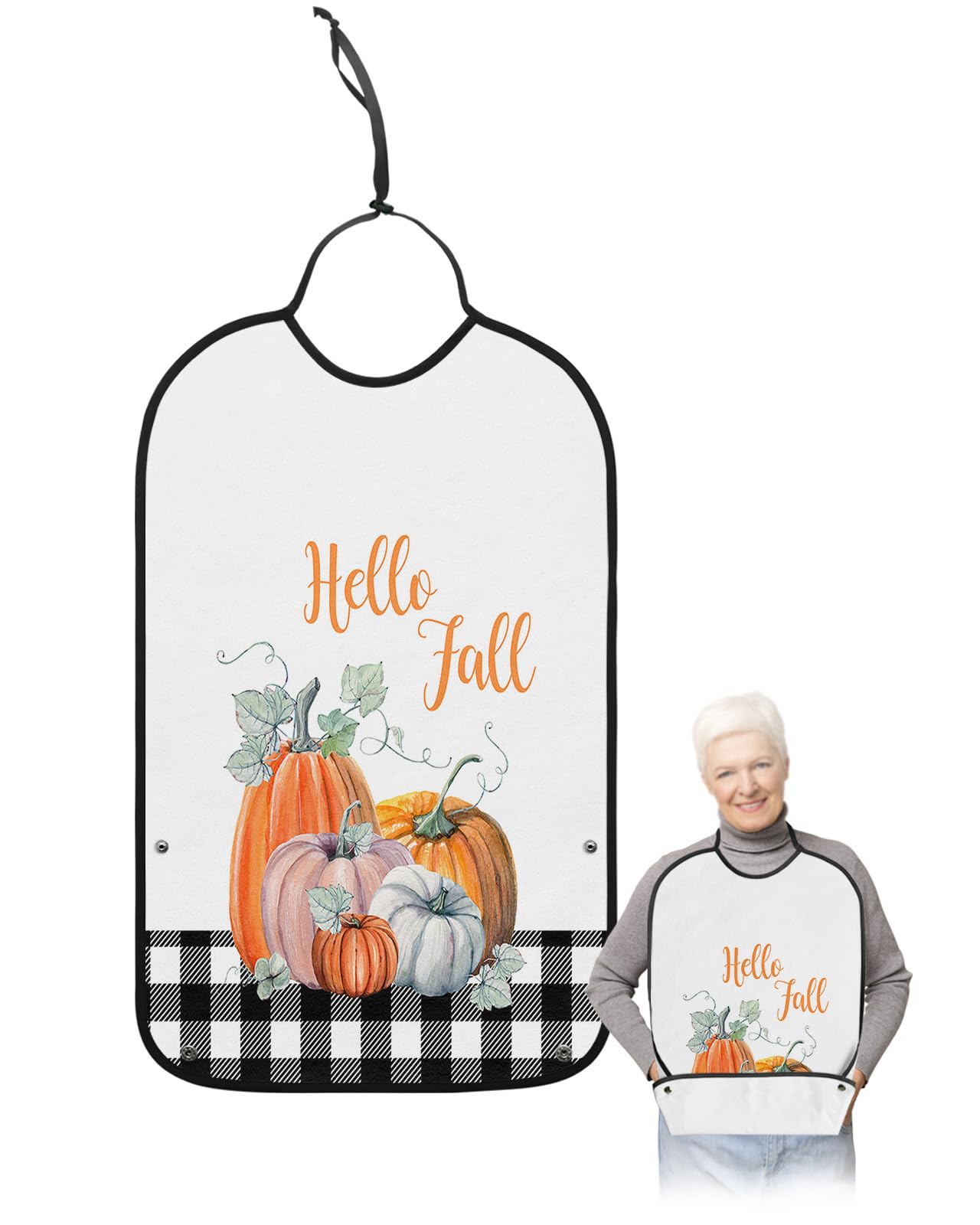 Thanksgiving Pumpkin Adult Bibs for Eating, Waterproof Bibs with Food Catcher & Adjustable Snap Closure, Fallen Leaves Black White Plaid Washable Clothing Protectors Adult Bibs for Elderly Women/Men