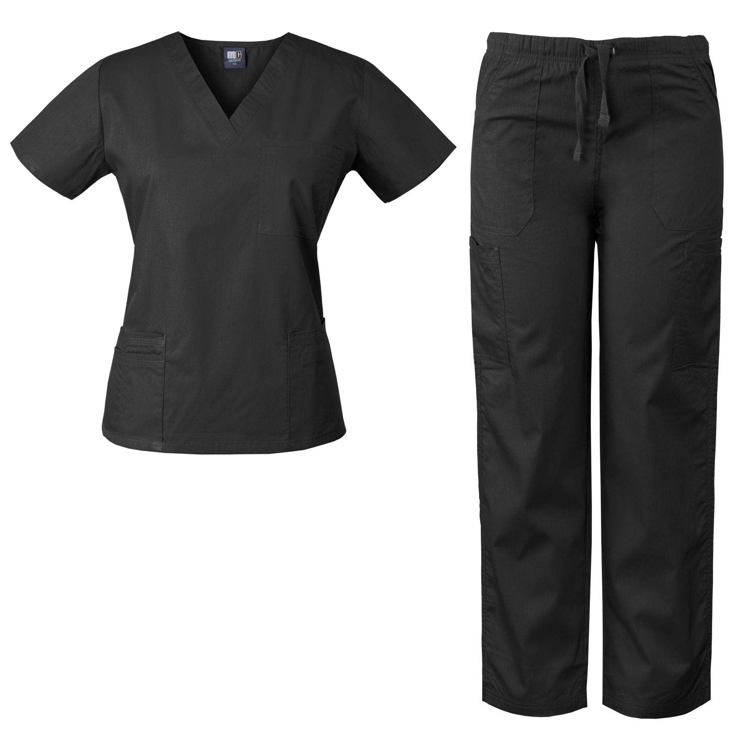 Medgear Womens Scrubs Set Medical Uniform – 4 Pocket Top & Multi-pocket Pants (L, Black)