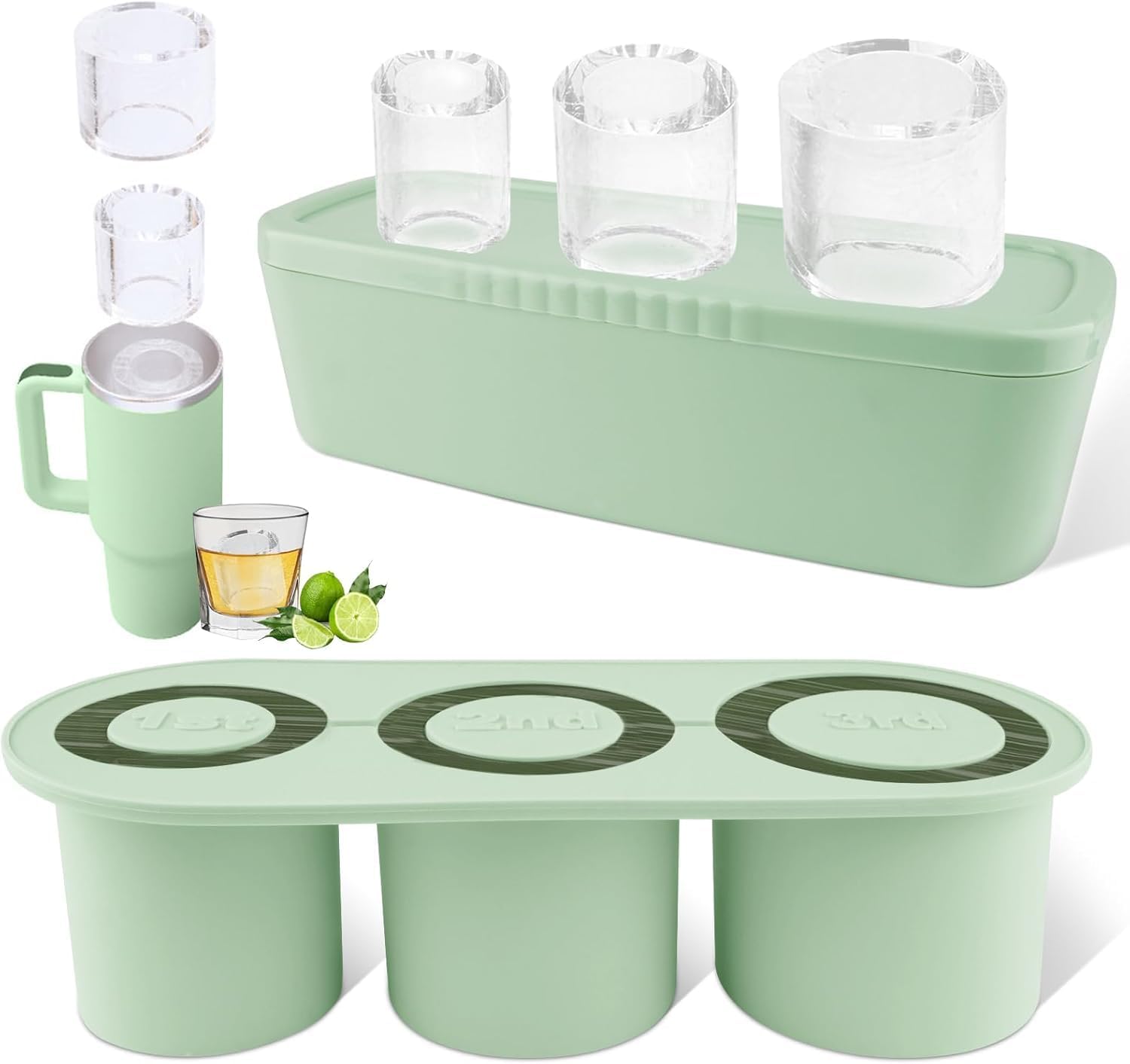 Tcamp Ice Cube Tray for 30 oz Tumbler Cup Ice Mold, 3 Pcs Silicone Hollow Cylinder Ice Tray with Lid and Bin for Freezer, Ice Drink, Juice, Whiskey, Cocktail (Green)