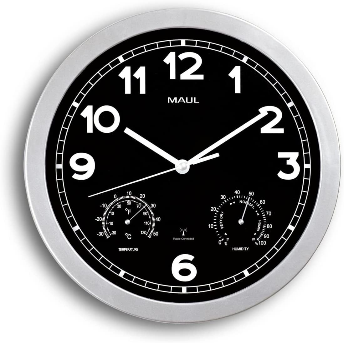 MAUL Funk Wanduhr silber MAULdrive Analog mit Thermometer und Hygrometer | automatische Zeitumstellung, leiser Lauf, gut ablesbare Ziffern, Raumklima im Blick, Batterie inklusive, einfache Wandmontage