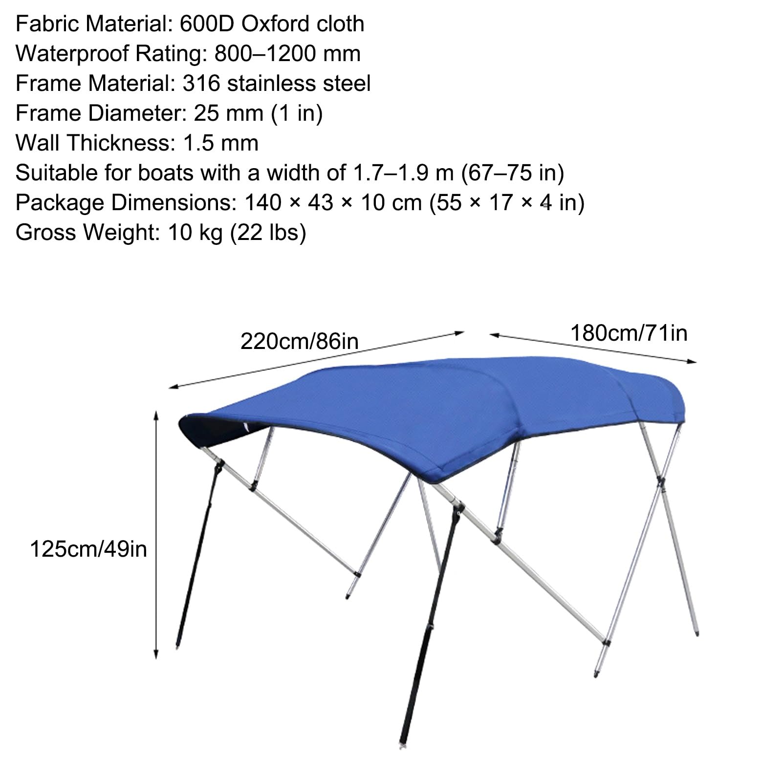 Tendalino Barca Impermeabile e Resistente ai Raggi Tendalino Barca 4 Archi | Telaio in Acciaio Inox 316, Tessuto Oxford 600D, Grado di Impermeabilità 800-1200mm, 220×180×125cm