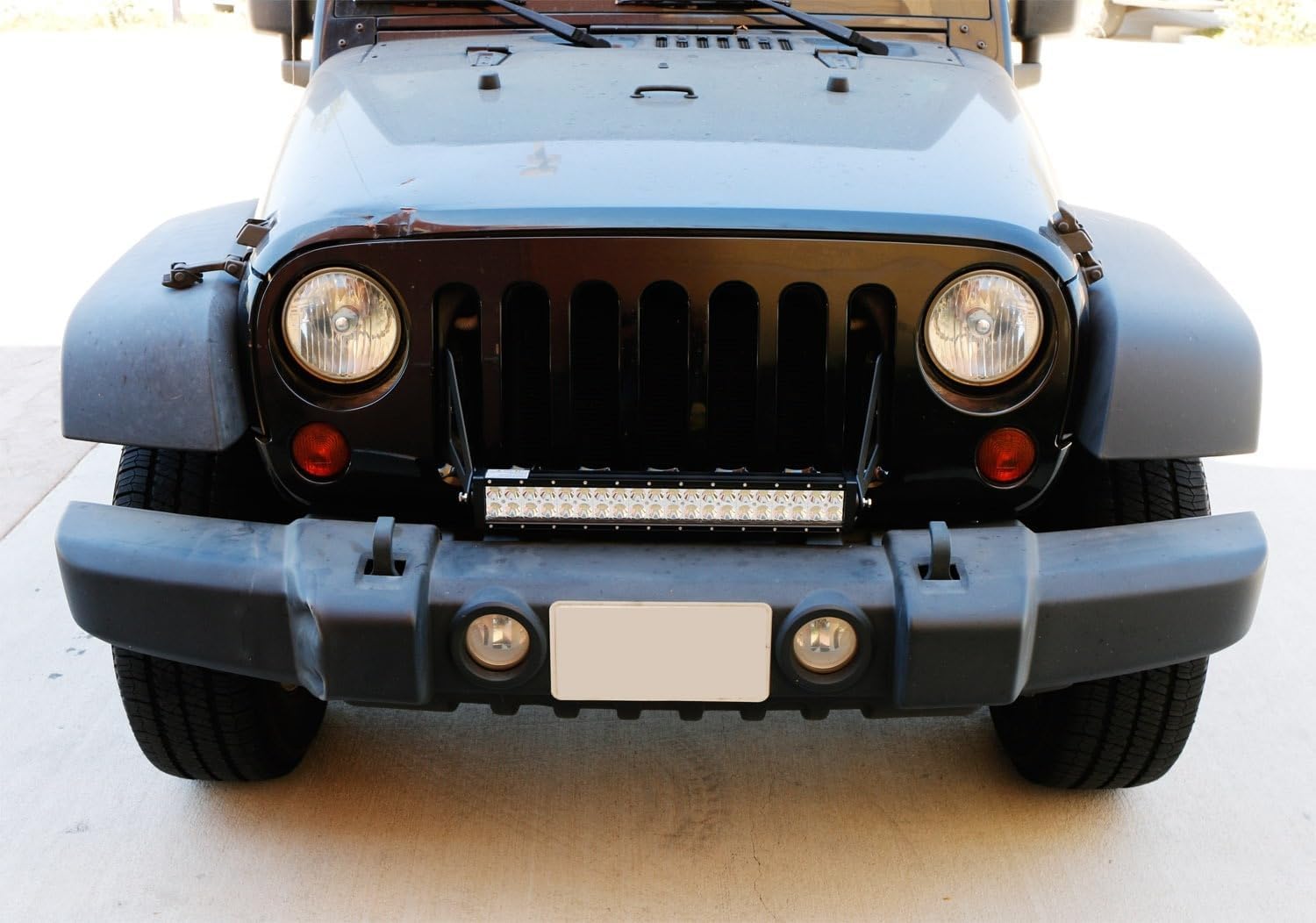 iJDMTOY Front Grille 20-Inch LED Light Bar Kit Compatible with Jeep 2007-17 Wrangler, Includes (1) 120W High Power LED Lightbar, Grill Front Mounting Brackets & On/Off Switch Wiring Kit