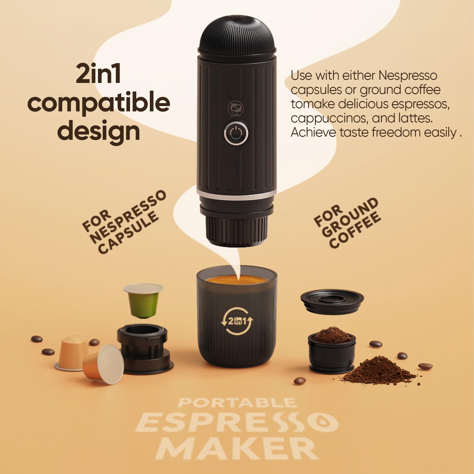 Máquina de café café N-espresso y molido, con calefacción, portátil, portátil, con calefacción, compatible con cápsulas N-espresso y café molido, 7500 mAh USB, y cafetera recargable (blanco)
