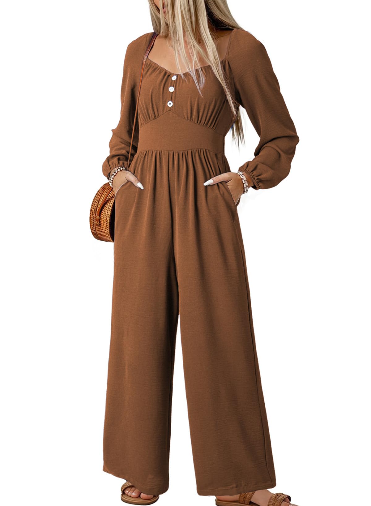 Jumpsuits for Women 2026 Spring Long Sleeves Square Neck Button Decoration Rompers Overalls with Pockets-image-40