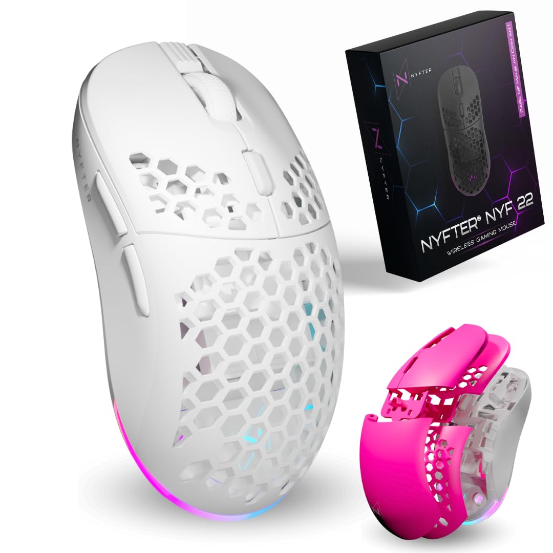 Nyfter - NYF22 Wireless Gaming Mouse con ratón de panal de abeja blanco-rosa ultraligero 75 g potente con 400 mA 19K DPI, 400 IPS 1000 Hz 50 h duración de la batería duradera Dos fundas