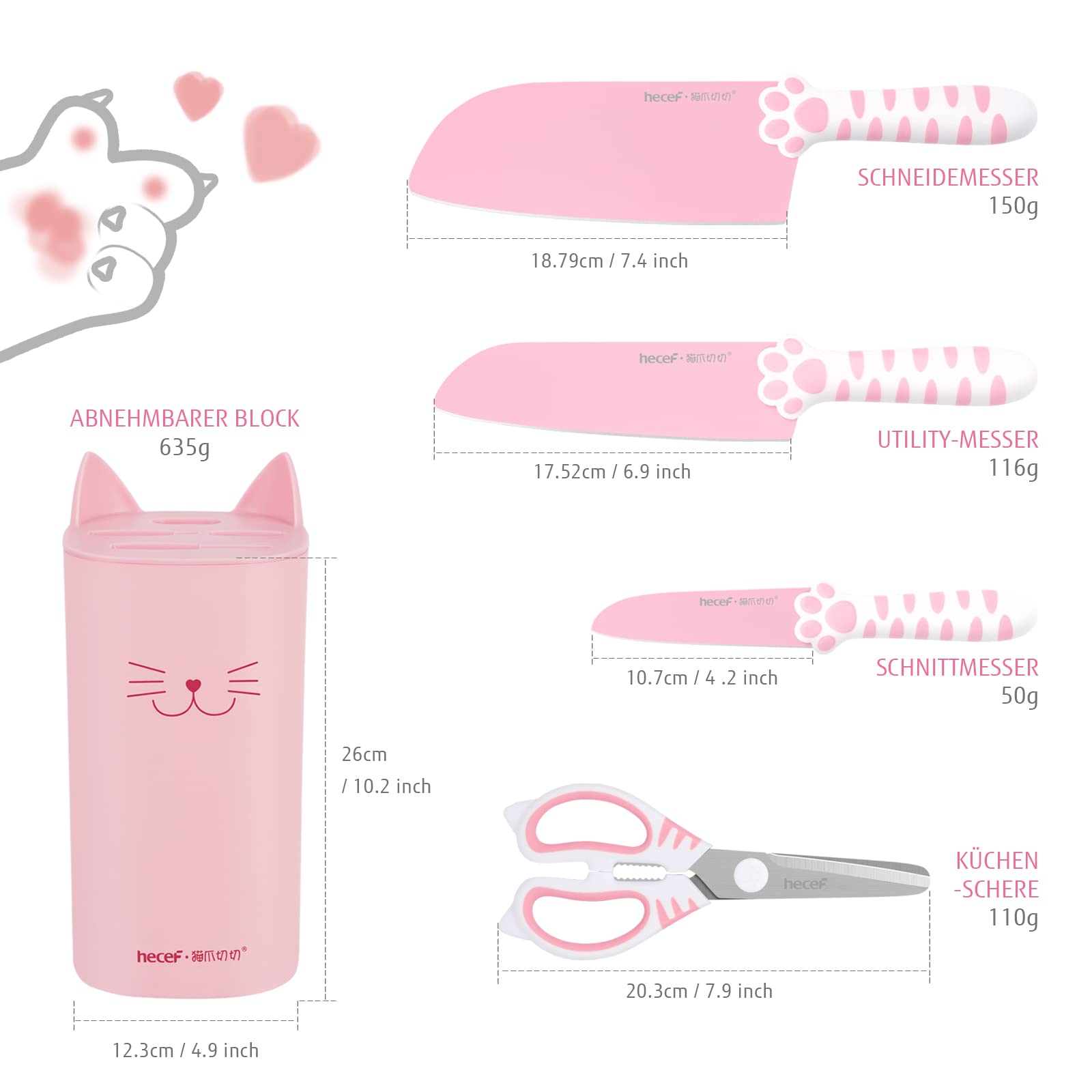 hecef Cute Küchenmesser Set, 5-tlg Messerblock mit Messer, Katzenförmiger Patentierter Griff, Scharfe Messer Set - Kochmesser, Universalmesser, Gemüsemesser, Küchenschere und Abnehmbarer Block, Rosa