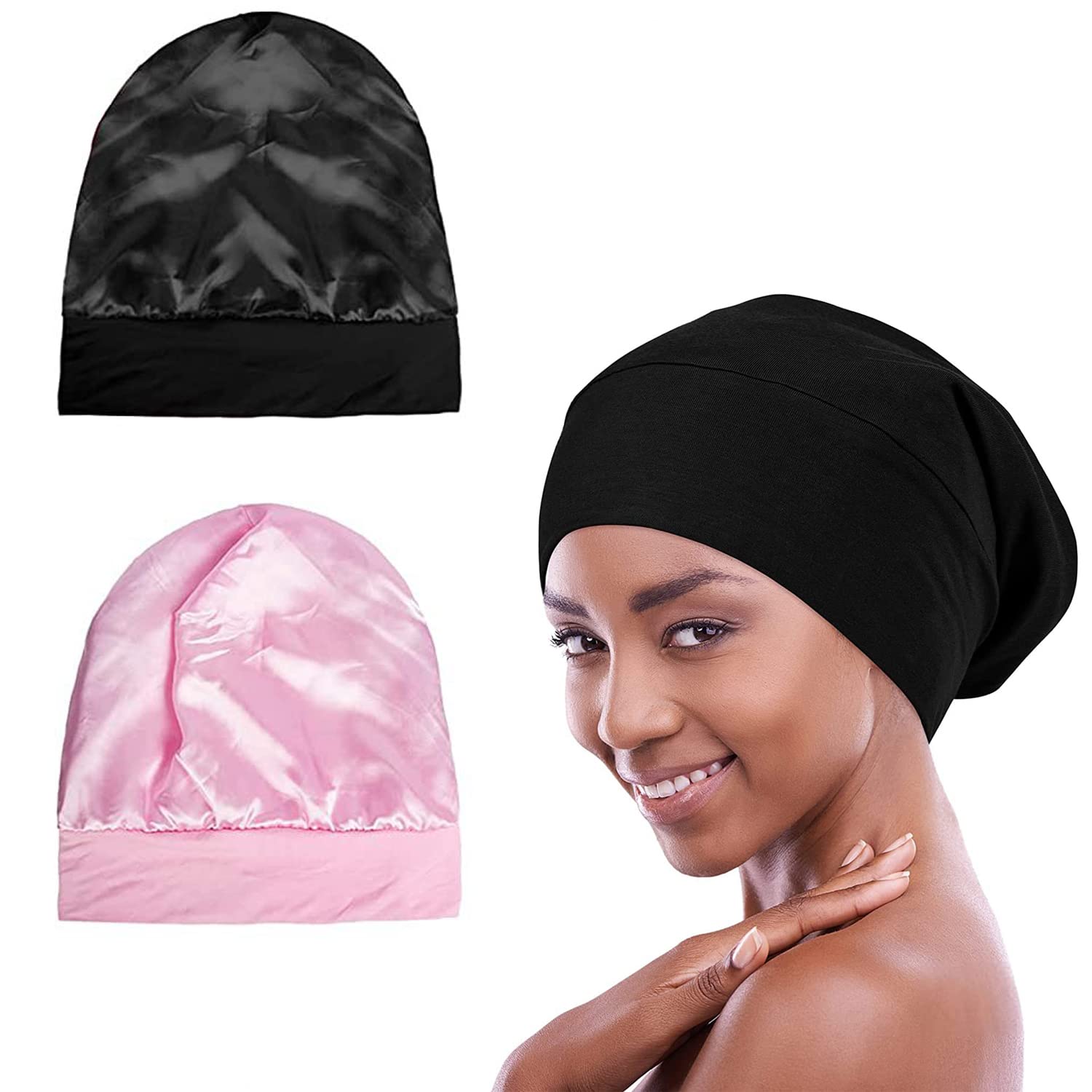 – 2 PCS Satin Bonnet Hair Cover Sleep Cap Adjustable Stay on Silk Bonnet Lined Slouchy Beanie Hat for Night Sleeping Cap Gifts Hair Loss Hat for Women Elastic Stay On Head (Black & Pink)