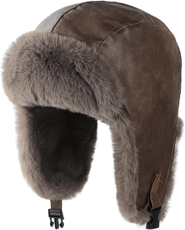 Mens Winter Trapper Hat Faux Fur Russian Ushanka Trooper Hat with Earflap Women Outdoor Warm Windproof Hunting Ski Cap